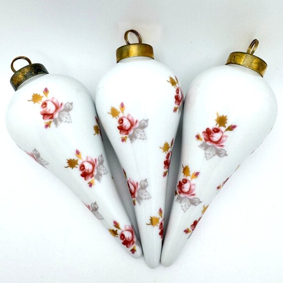 Floral Teardrop Set of 3 Christmas Holiday Ornament Hand Painted Gold Top  5.5" - Picture 2 of 10